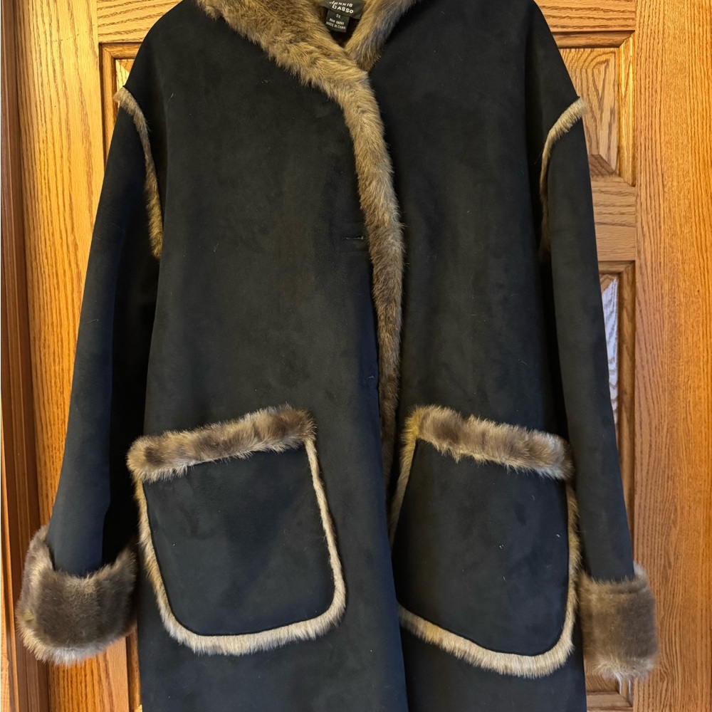 Dennis Basso Women's Black Faux Fur Trim Coat